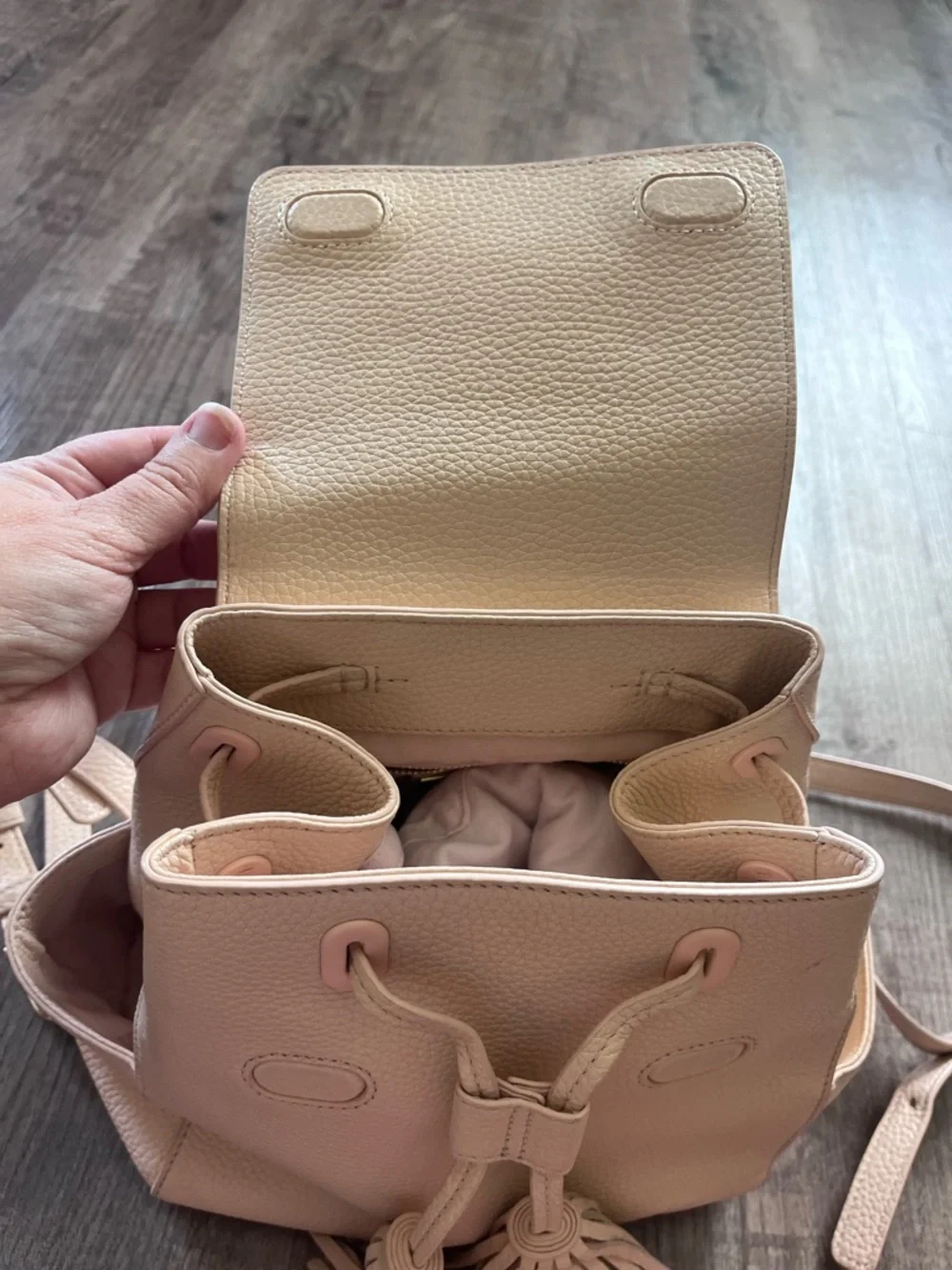 Tory Burch Thea Backpack Mini Pale Pink Pebbled Leather Tassel